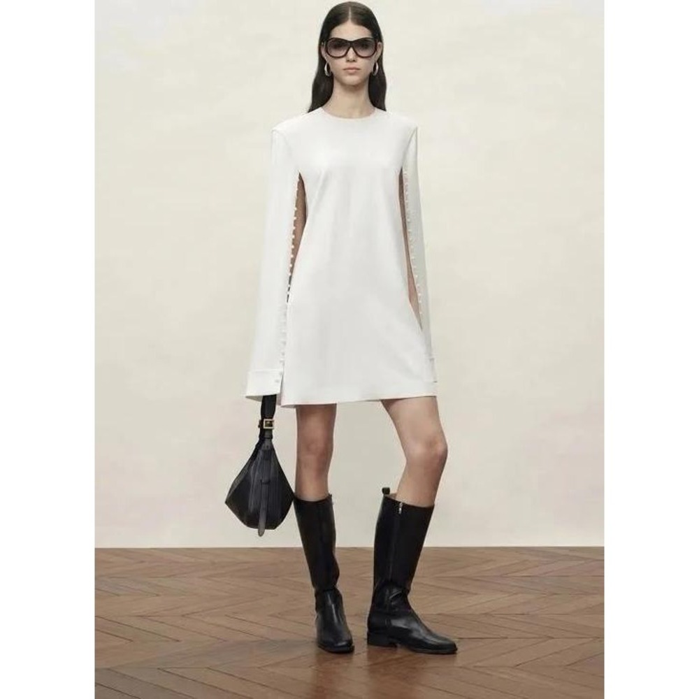 Mark Tan Audrey Pearl Mini Cape Dress Faux Pearl Cape Sleeve Minimalist Luxury